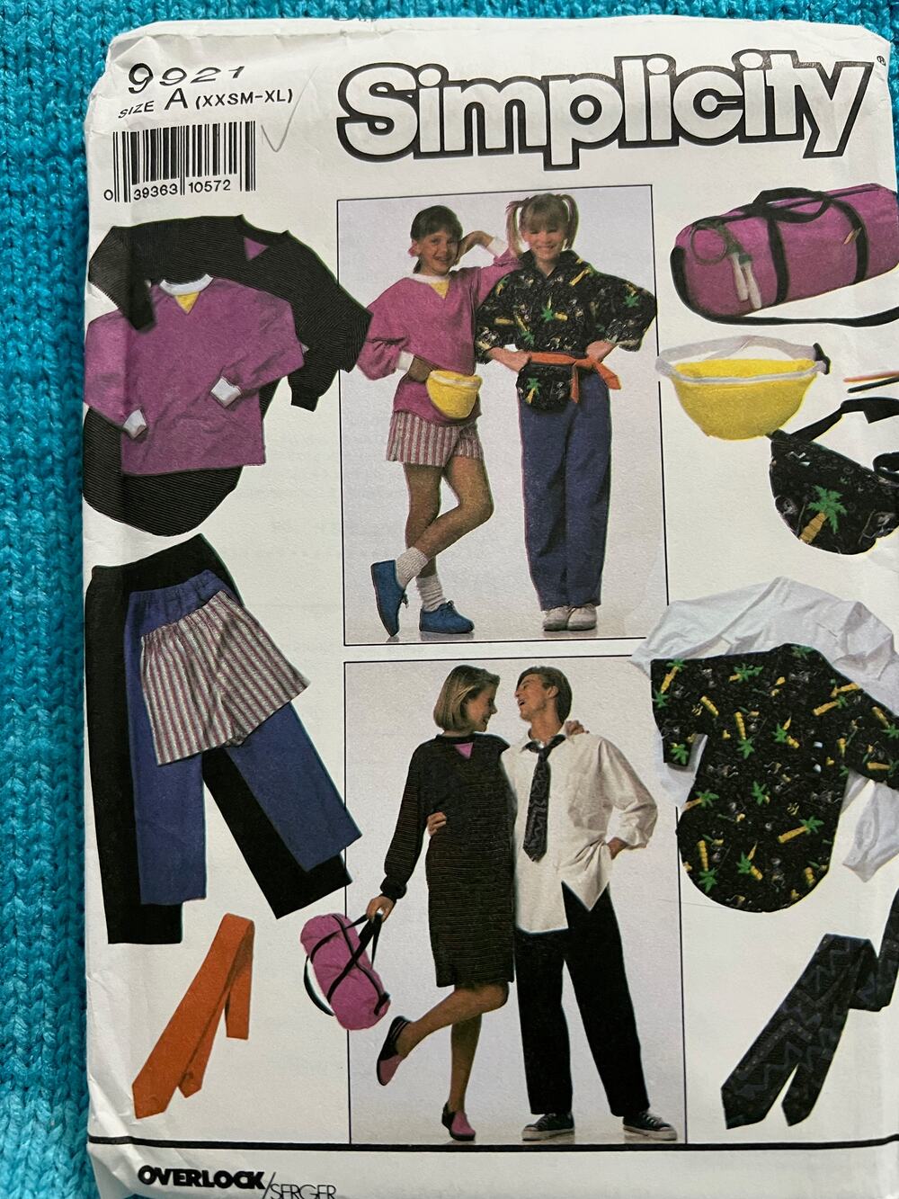 Simplicity 9921 pattern pants shorts shirt tie gym bag fanny pack size XXS-XL